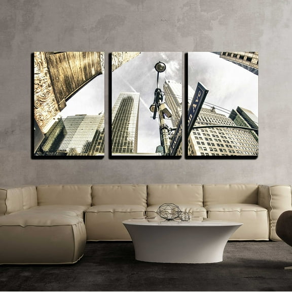 wall26 - 3 Piece Canvas Wall Art - Bottom-Up View of New York Skyscrapers, U S a - Modern Home Art Stretched and Framed Ready to Hang - 24"x36"x3 Panels