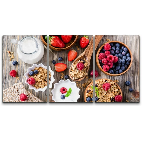 wall26 - 3 Piece Canvas Wall Art - Breakfast with Muesli, Berries, Crisp Bread and Yogurt - Modern Home Art Stretched and Framed Ready to Hang - 24"x36"x3 Panels