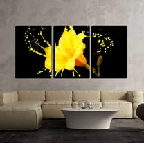 wall26 - 3 Piece Canvas Wall Art - Bright Flower with Yellow Splashes on Black Background - Modern Home Art Stretched and Framed Ready to Hang - 16"x24"x3 Panels