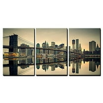 wall26 - 3 Piece Canvas Wall Art - Brooklyn Bridge and Manhattan at Dusk, New York City - Modern Home Art Stretched and Framed Ready to Hang - 16"x24"x3 Panels