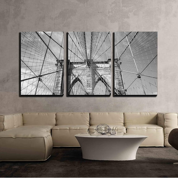 wall26 - 3 Piece Canvas Wall Art - Brooklyn Bridge New York City, USA in Black and White - Modern Home Art Stretched and Framed Ready to Hang - 16"x24"x3 Panels