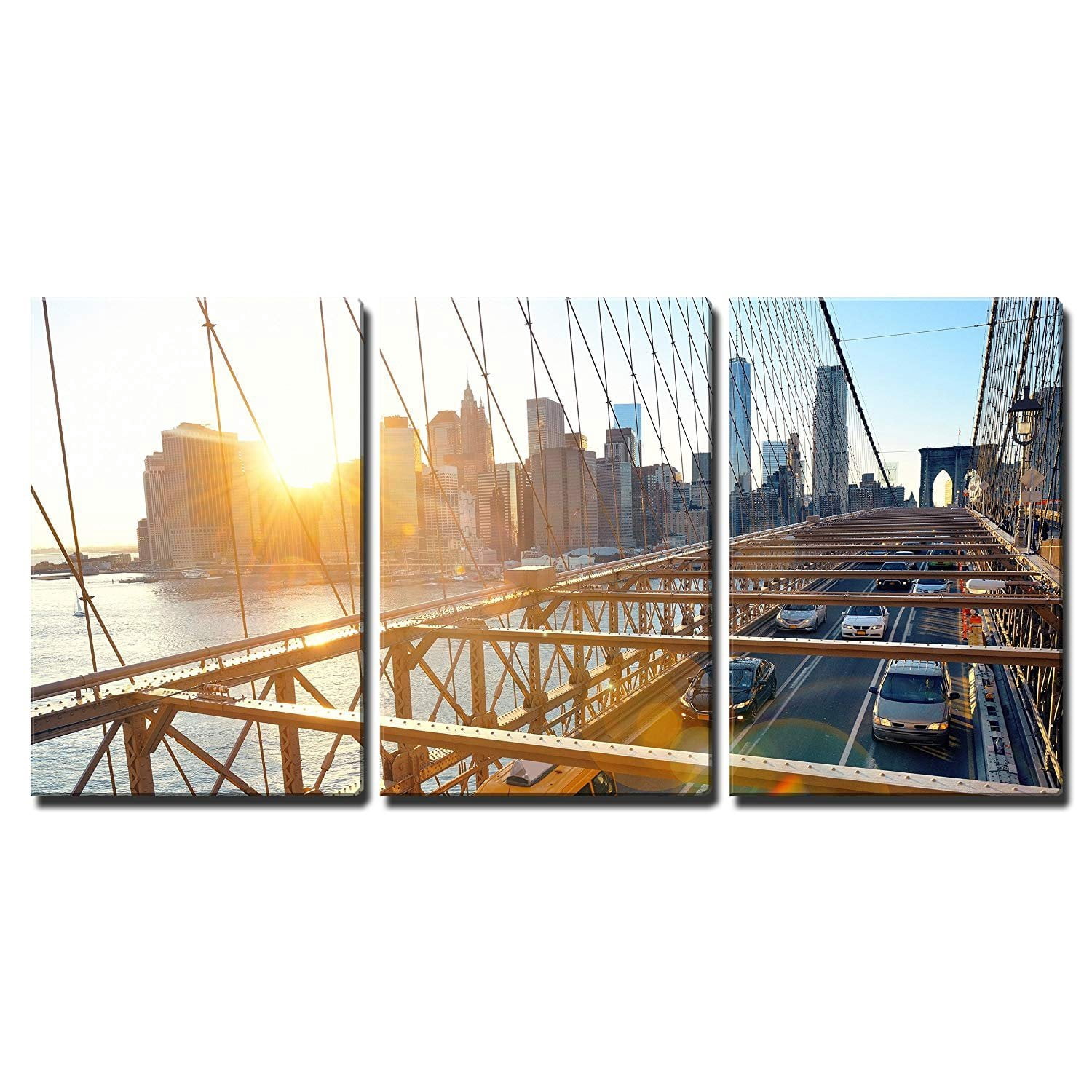 wall26 - 3 Piece Canvas Wall Art - Brooklyn Bridge with Traffic in ...