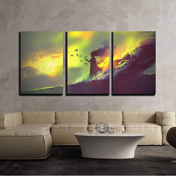 wall26 - 3 Piece Canvas Wall Art - Burning Woman,Illustration Painting - Modern Home Art Stretched and Framed Ready to Hang - 16"x24"x3 Panels