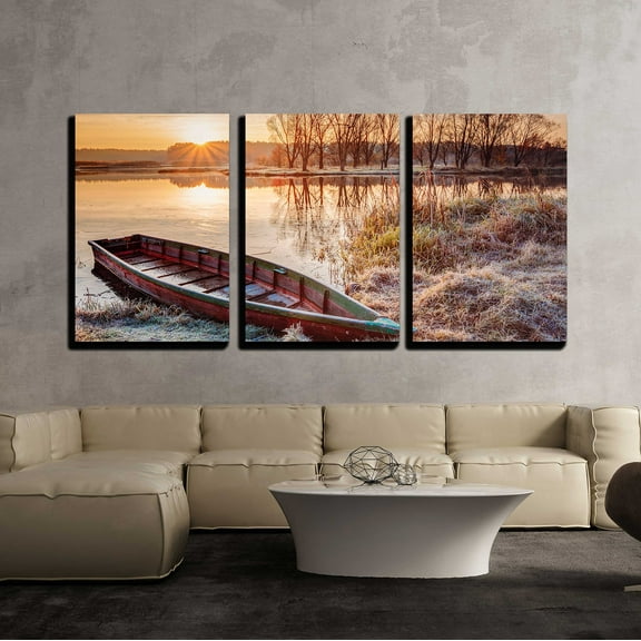 wall26 - 3 Piece Canvas Wall Art - Calm Water of Lake, River and Rowing Fishing Boat at Beautiful Sunrise in Autumn Morning. - Modern Home Art Stretched and Framed Ready to Hang - 16"x24"x3