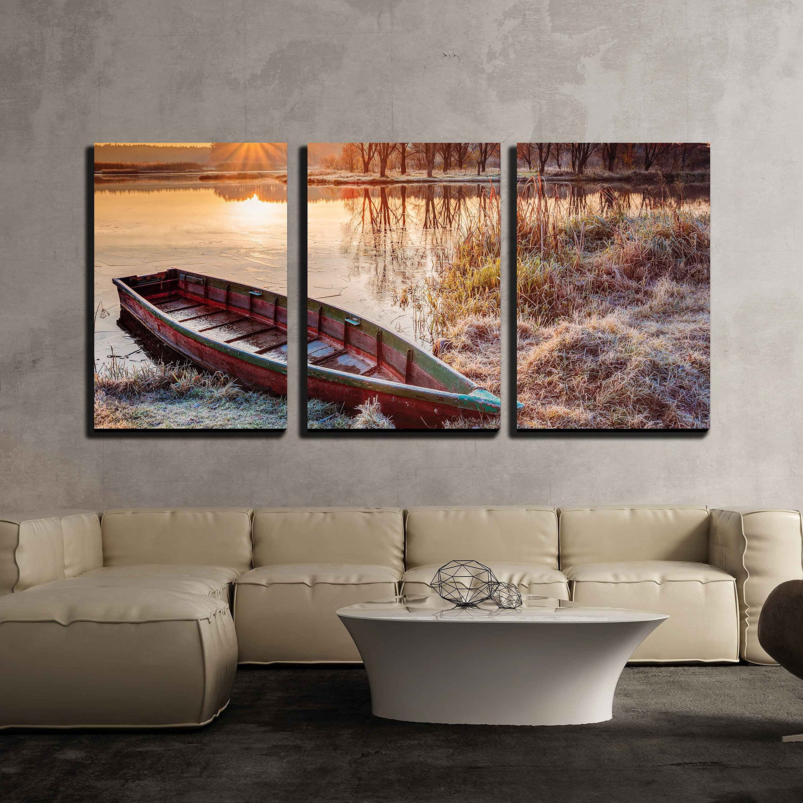 wall26 - 3 Piece Canvas Wall Art - Calm Water of Lake, River and Rowing ...