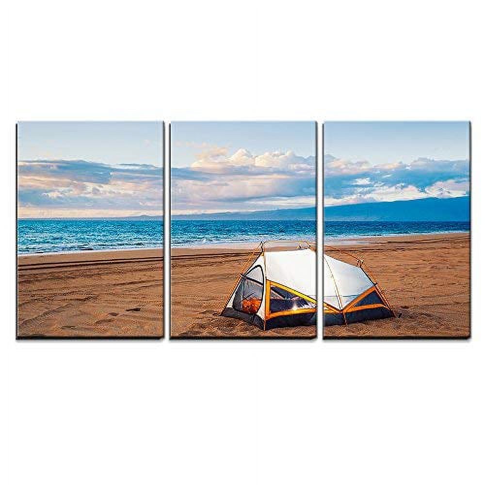 wall26 - 3 Piece Canvas Wall Art - Camping on The Beach at Sunset ...