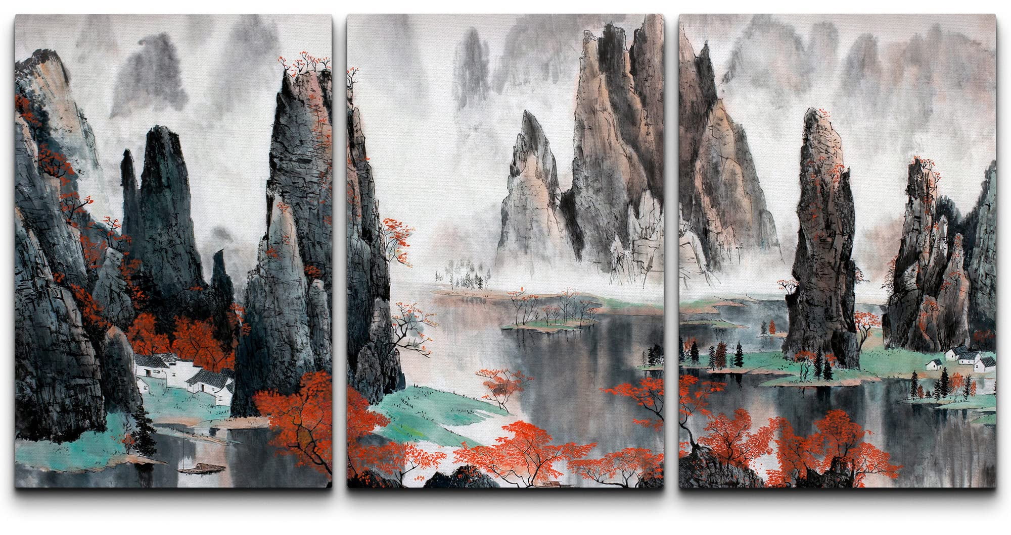 wall26 3 Piece Canvas Wall Art - Chinese Landscape Misty Mountains and ...