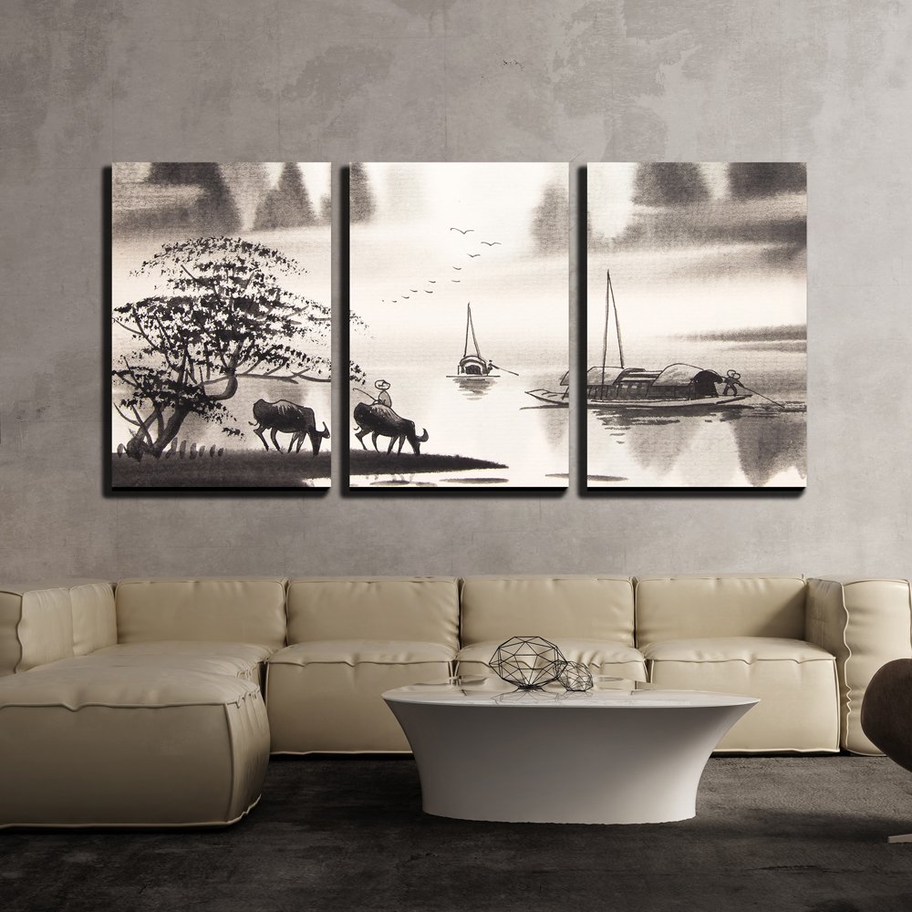 wall26 - 3 Piece Canvas Wall Art - Chinese Landscape Watercolor ...