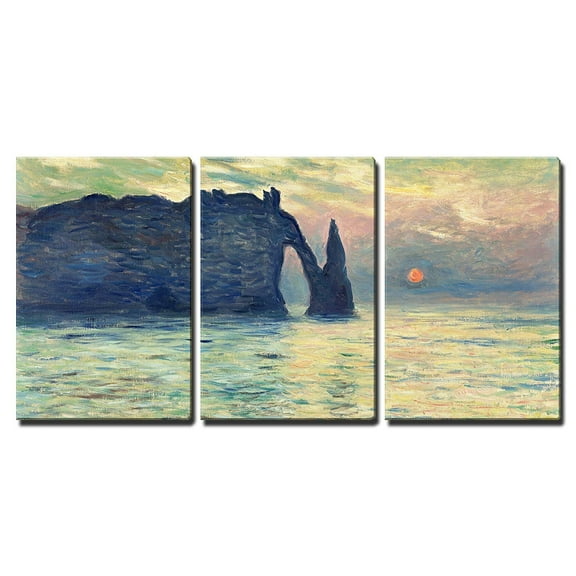 wall26 - 3 Piece Canvas Wall Art - The Cliff, Etretat, Sunset by Claude Monet - Modern Home Art Stretched and Framed Ready to Hang - 24&quot;x36&quot;x3 Panels