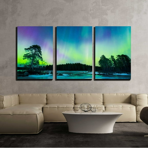 wall26 - 3 Piece Canvas Wall Art - Colorful Northern Lights Aurora Borealis in The Sky - Modern Home Art Stretched and Framed Ready to Hang - 16"x24"x3 Panels