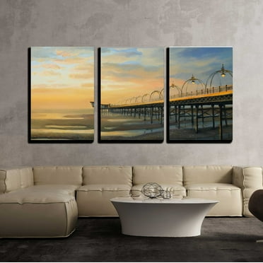 wall26 - 3 Piece Canvas Wall Art - Colorful Romantic Sunset on The Ocean Shore with Wooden Pier. - Modern Home Art Stretched and Framed Ready to Hang - 24&quot;x36&quot;x3 Panels