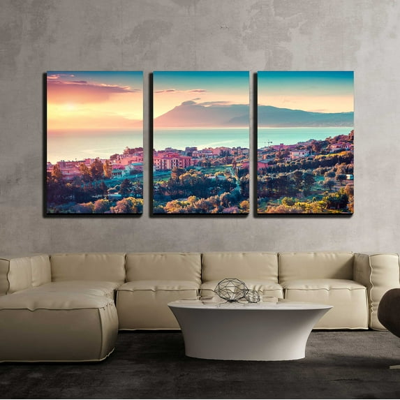 wall26 - 3 Piece Canvas Wall Art - Colorful Spring Sunset in The Solanto Village, Mediterranean Sea - Modern Home Art Stretched and Framed Ready to Hang - 16"x24"x3 Panels