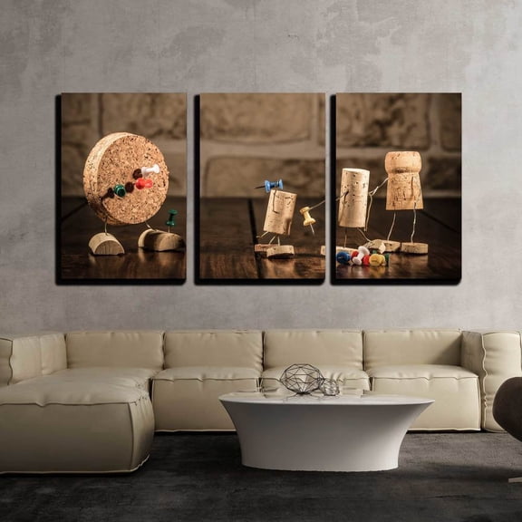 wall26 - 3 Piece Canvas Wall Art - Concept Gaming Dart with Wine Cork Figures - Modern Home Art Stretched and Framed Ready to Hang - 24"x36"x3 Panels