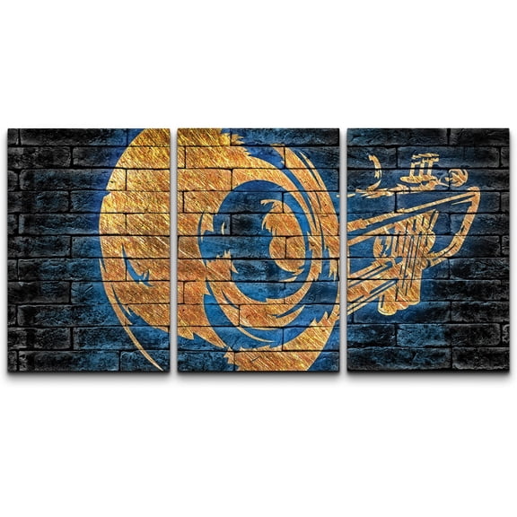 wall26 - 3 Piece Canvas Wall Art - Copper Trumpet with Blue Silhouette on a Dark Brick Background - Modern Home Art Stretched and Framed Ready to Hang - 16"x24"x3 Panels