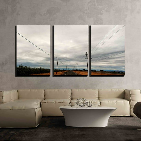 wall26 - 3 Piece Canvas Wall Art - a Country Road Has Telephone Poles and Wires on Both Sides - Modern Home Art Stretched and Framed Ready to Hang - 24"x36"x3 Panels