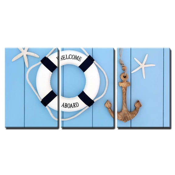 wall26 - 3 Piece Canvas Wall Art - Decorative Lifebuoy, Anchor and Starfish Sea Shells Over Wooden Blue Background. - Modern Home Art Stretched and Framed Ready to Hang - 16"x24"x3 Panels