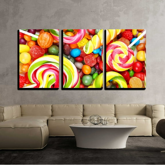 wall26 - 3 Piece Canvas Wall Art - Different Fruit Candies Background - Modern Home Art Stretched and Framed Ready to Hang - 24"x36"x3 Panels