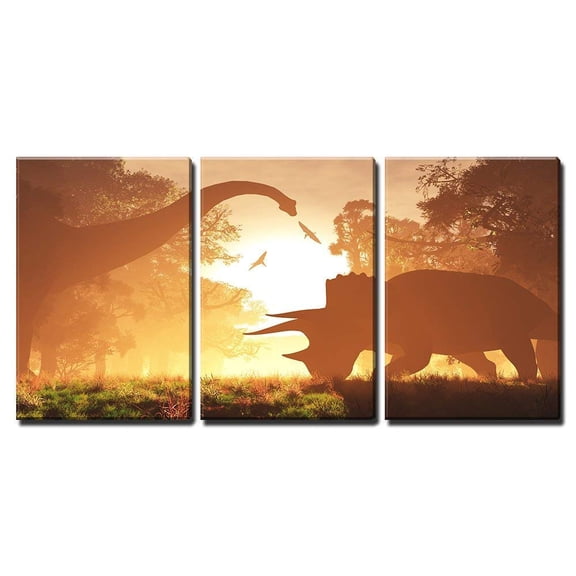 wall26 - 3 Piece Canvas Wall Art - Dinosaurs in Prehistoric Jungle in The Sunset Sunrise 3D Artwork - Modern Home Art Stretched and Framed Ready to Hang - 24"x36"x3 Panels
