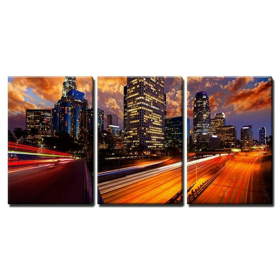 wall26 - 3 Piece Canvas Wall Art - Downtown La Night Los Angeles Sunset Skyline California from 110 Freeway - Modern Home Art Stretched and Framed Ready to Hang - 16"x24"x3 Panels