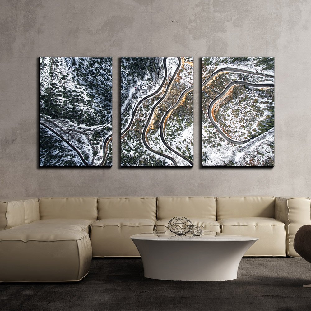 wall26 - 3 Piece Canvas Wall Art - Eagle Eye View of Long Curve Road in ...