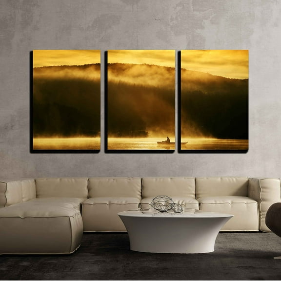 wall26 - 3 Piece Canvas Wall Art - Early Morning Sunrise, Boating on The Lake in The Sunlight - Modern Home Art Stretched and Framed Ready to Hang - 24"x36"x3 Panels