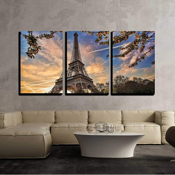 wall26 - 3 Piece Canvas Wall Art - Eiffel Tower with Spring Tree in Paris, France - Modern Home Art Stretched and Framed Ready to Hang - 16"x24"x3 Panels