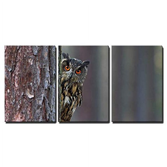 wall26 - 3 Piece Canvas Wall Art - Eurasian Eagle Owl, Bubo Bubo, Hidden of Tree Trunk in The Winter Forest - Modern Home Art Stretched and Framed Ready to Hang - 16"x24"x3 Panels