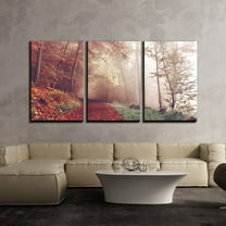 wall26 - 3 Piece Canvas Wall Art - Fall Landscape of Path Covered by Leaves Lead to Misty Forest - Modern Home Art Stretched and Framed Ready to Hang - 24"x36"x3 Panels