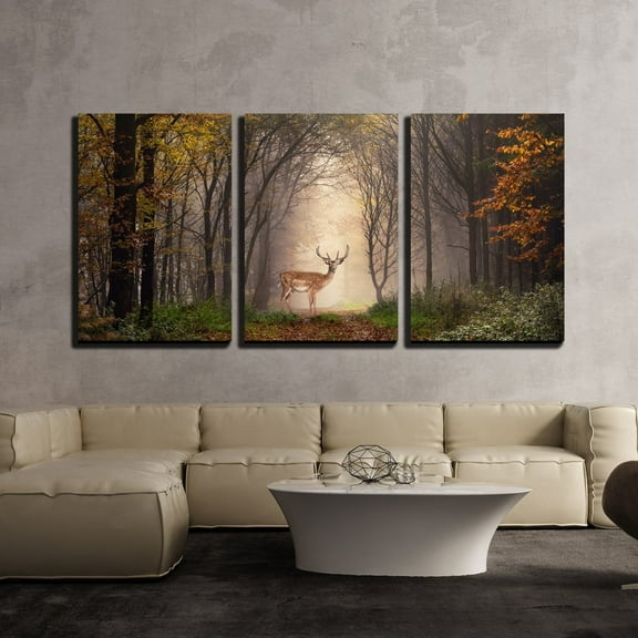 wall26 - 3 Piece Canvas Wall Art - Fallow Deer Standing in a Dreamy Misty Forest, with Beautiful Moody Light - Modern Home Art Stretched and Framed Ready to Hang - 16$ Panels