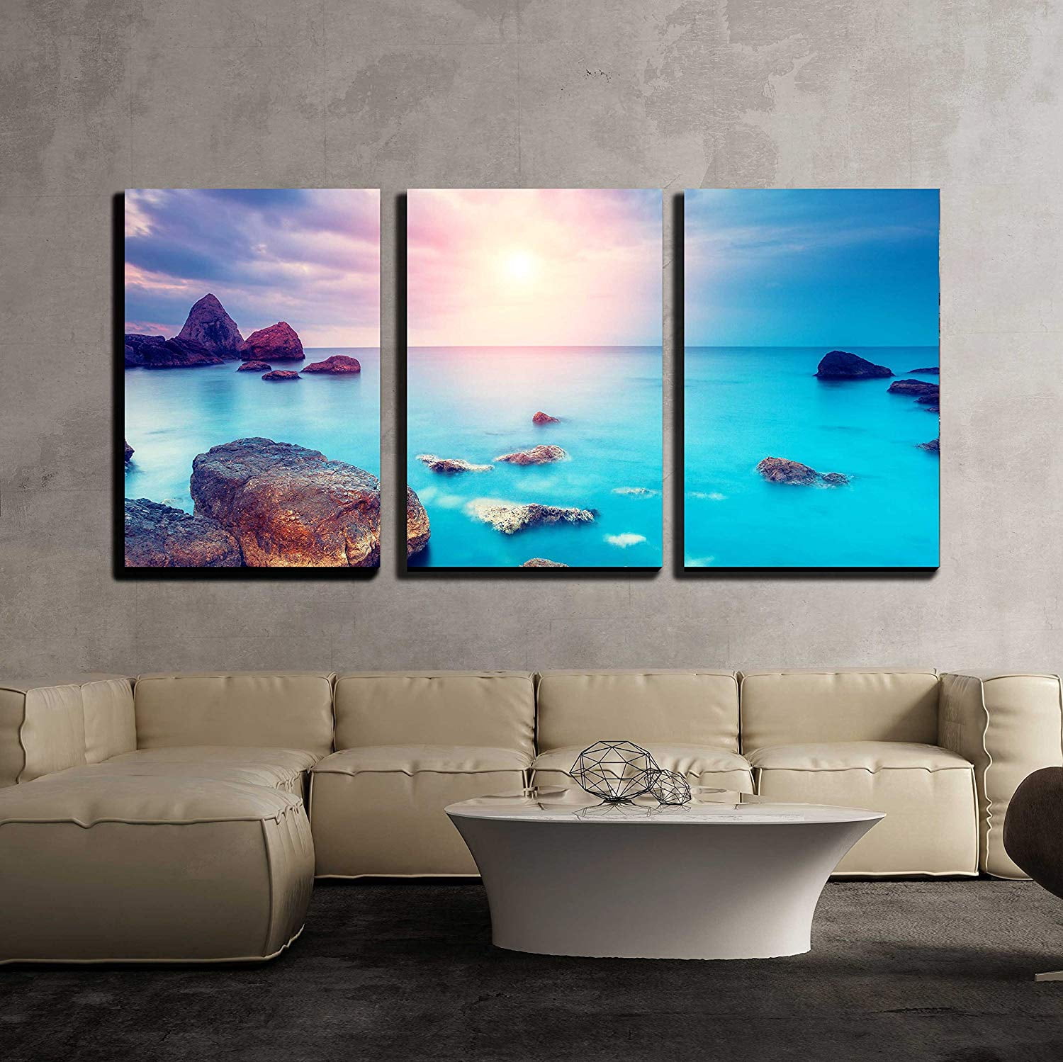 wall26 - 3 Piece Canvas Wall Art - Fantastic Morning Blue Sea Glowing ...