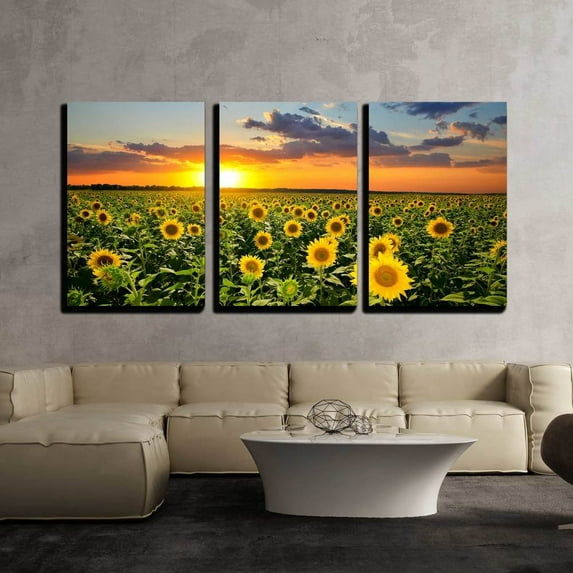 wall26 - 3 Piece Canvas Wall Art - Field of Blooming Sunflowers on a Background Sunset - Modern Home Art Stretched and Framed Ready to Hang - 24"x36"x3 Panels