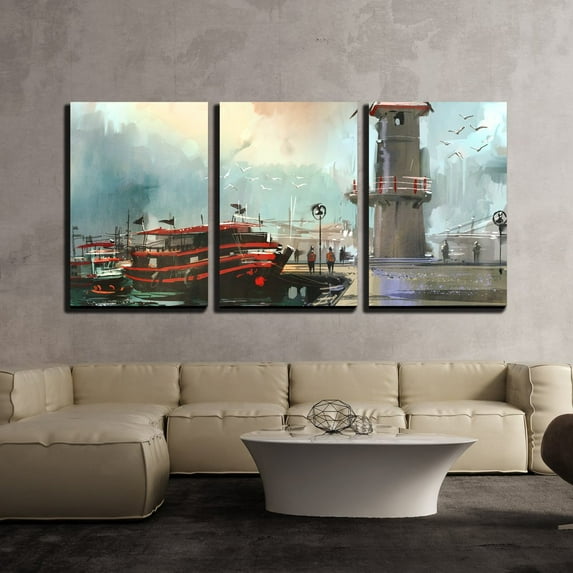 wall26 - 3 Piece Canvas Wall Art - Fishing Boat in Harbor,Digital Painting - Modern Home Art Stretched and Framed Ready to Hang - 24"x36"x3 Panels