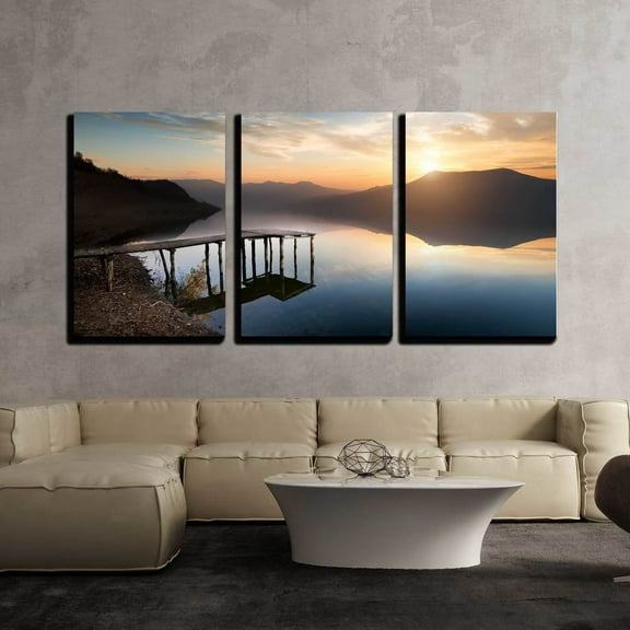 wall26 - 3 Piece Canvas Wall Art - Fishing Jetty on Mountain River at Sunset - Modern Home Art Stretched and Framed Ready to Hang - 24"x36"x3 Panels