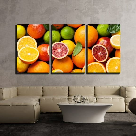 wall26 - 3 Piece Canvas Wall Art - Fresh Citruses. Oranges, Lemons and Limes. Top View - Modern Home Art Stretched and Framed Ready to Hang - 24"x36"x3 Panels