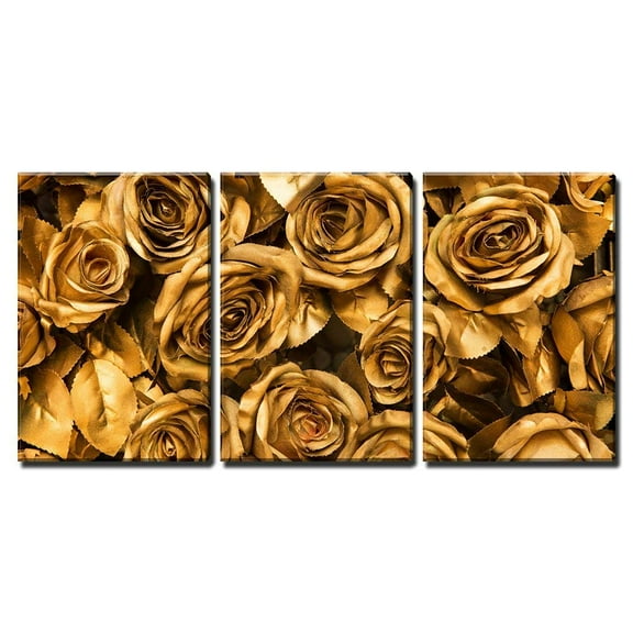 wall26 - 3 Piece Canvas Wall Art - Golden Fabric Roses Background - Modern Home Art Stretched and Framed Ready to Hang - 24"x36"x3 Panels