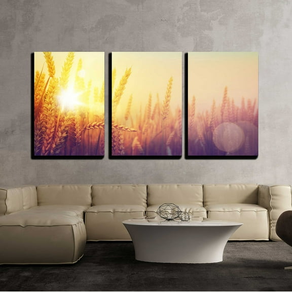 wall26 - 3 Piece Canvas Wall Art - Golden Wheat Field and Sunny Day - Modern Home Art Stretched and Framed Ready to Hang - 24"x36"x3 Panels