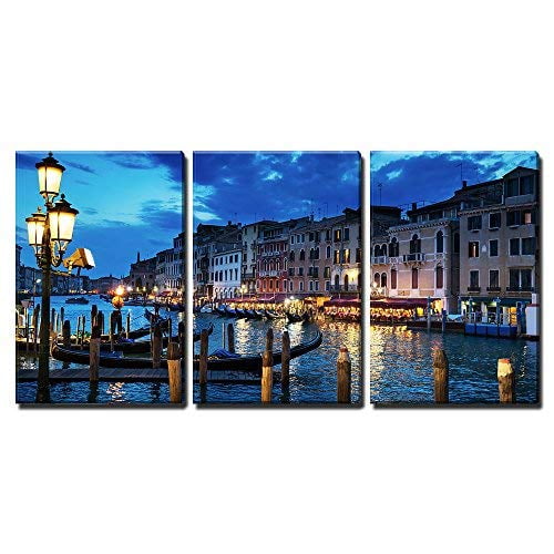 wall26 - 3 Piece Canvas Wall Art - Grand Canal in Sunset Time, Venice, Italy - Modern Home Art Stretched and Framed Ready to Hang - 16"x24"x3 Panels