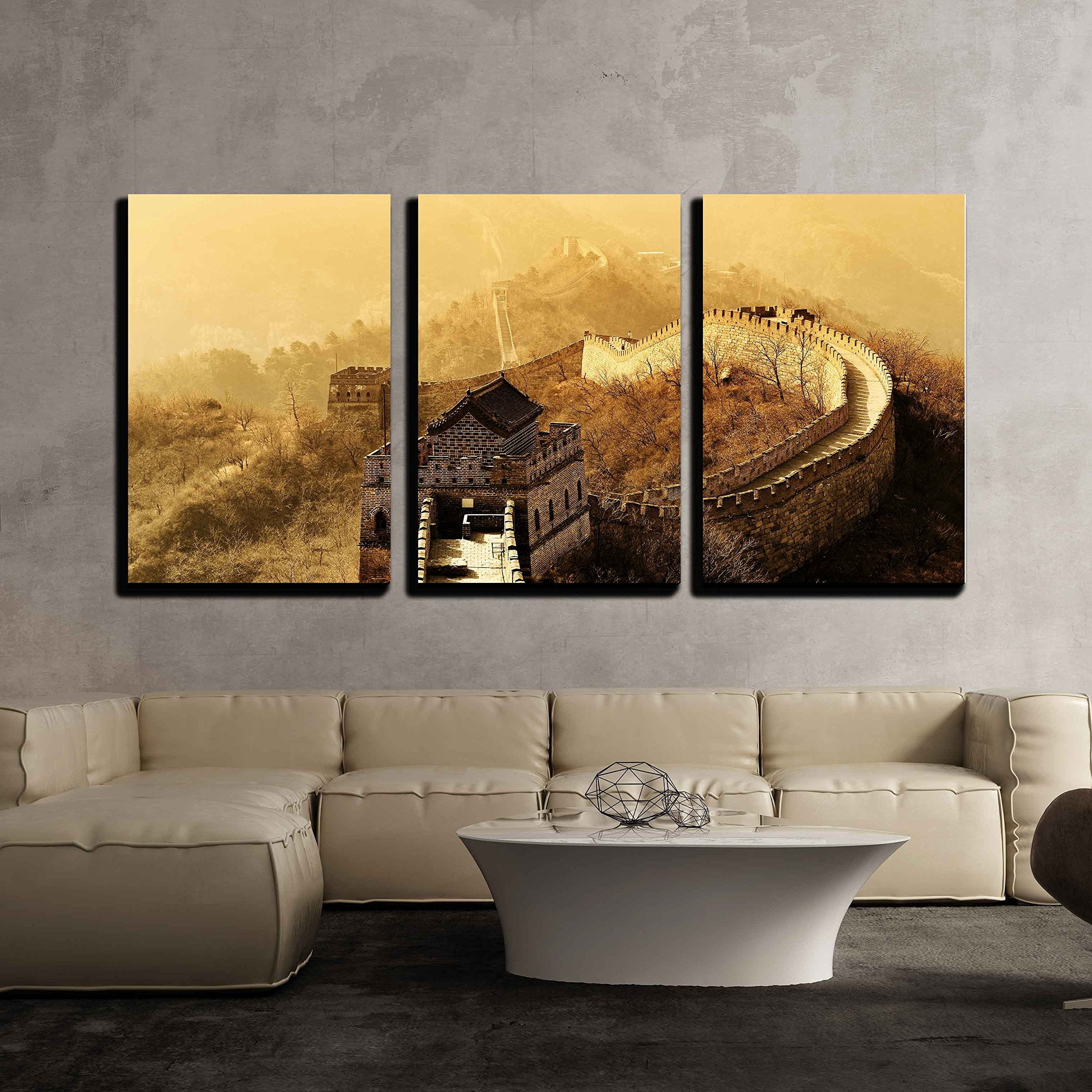 wall26 - 3 Piece Canvas Wall Art - Great Wall in Old Yellow Tone in ...