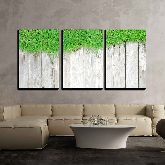 wall26 - 3 Piece Canvas Wall Art - Green Lawn and Wood Background - Modern Home Art Stretched and Framed Ready to Hang - 16"x24"x3 Panels