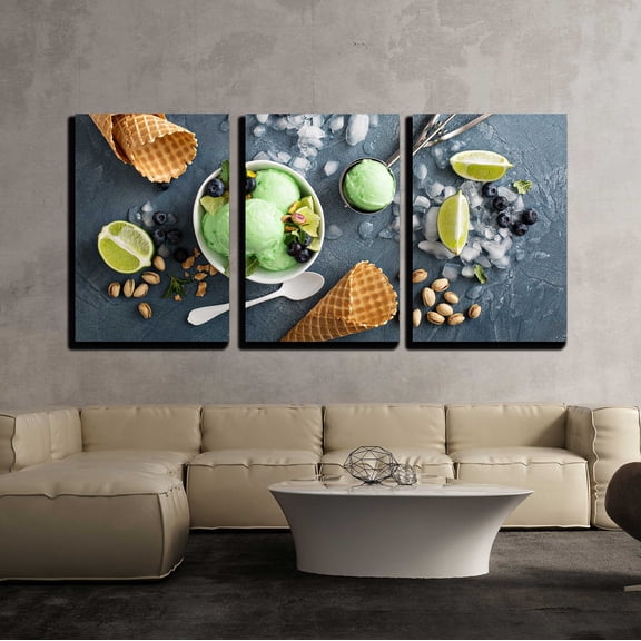wall26 - 3 Piece Canvas Wall Art - Green Refreshing Lime Pistachio Ice Cream in White Bowl Overhead Shot - Modern Home Art Stretched and Framed Ready to Hang - 24"x36"x3 Panels