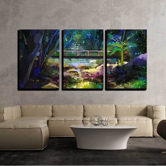 wall26 - 3 Piece Canvas Wall Art - Hand Painted Colorful Summer Nature Forest with Yellow and Green- Blue Color - Modern Home Art Stretched and Framed Ready to Hang - 24"x36"x3 Panels