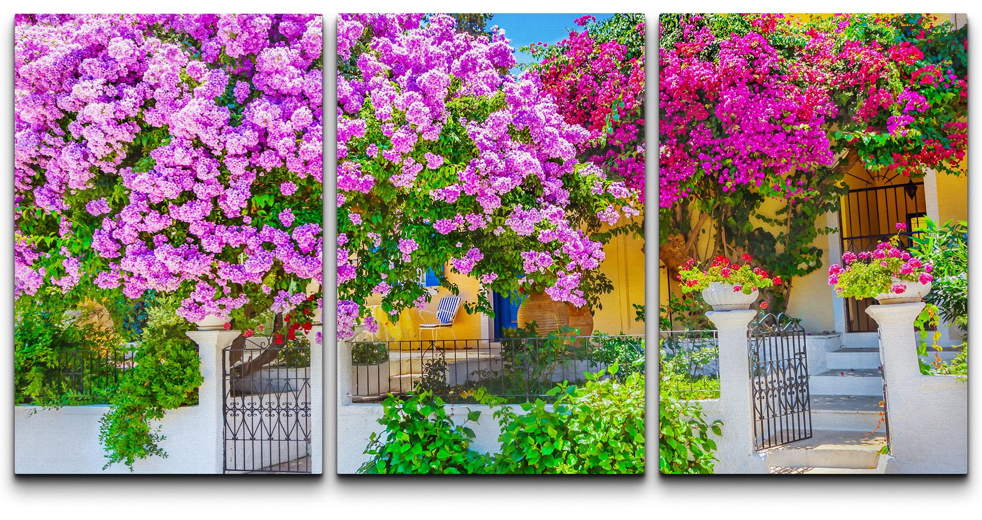 wall26 3 Piece Canvas Wall Art House with Bougainvillea Modern