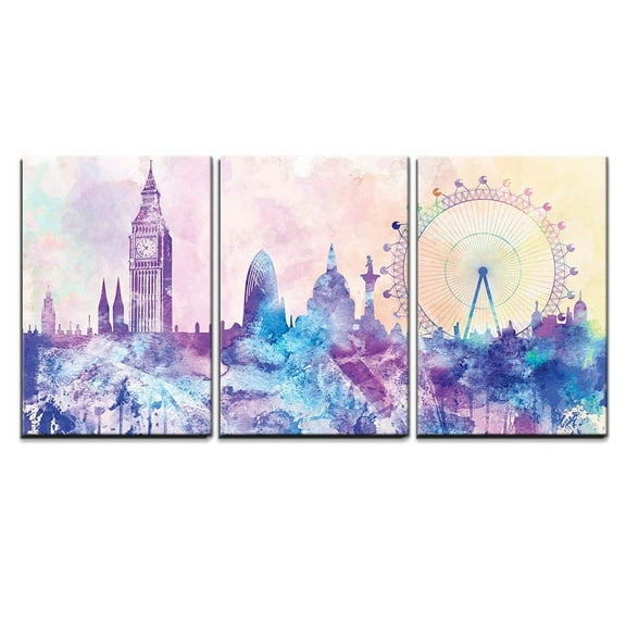 wall26 - 3 Piece Canvas Wall Art - Hues of Purples and Pinks Splattered Paint on The City of London - Modern Home Art Stretched and Framed Ready to Hang - 24"x36"x3 Panels