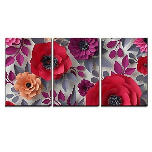 wall26 - 3 Piece Canvas Wall Art - Illustration - 3D Render, Digital Illustration, Red Pink Paper Flowers, Bridal Bouquet - Modern Home Art Stretched and Framed Ready to Hang - 24"x36"x3 Pa