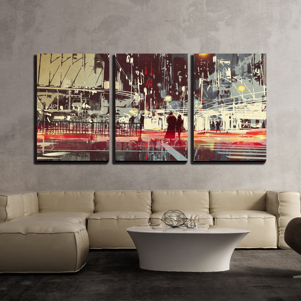 wall26 - 3 Piece Canvas Wall Art - Illustration - Night Scene of Modern ...