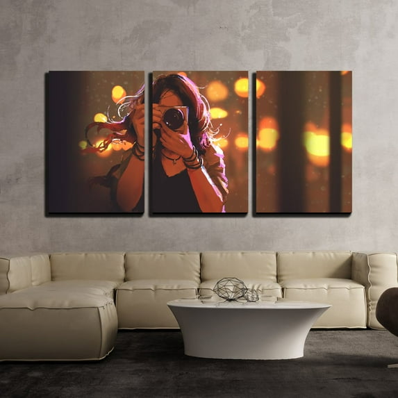 wall26 - 3 Piece Canvas Wall Art - Illustration - Painting of Woman with Camera on Night City Background,Illustration - Modern Home Art Stretched and Framed Ready to Hang - 24"x36"x3 Panels