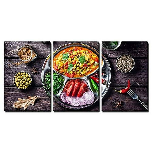wall26 - 3 Piece Canvas Wall Art - Indian Mutter Paneer Dish with Spices on The Wooden Background - Modern Home Art Stretched and Framed Ready to Hang - 24"x36"x3 Panels