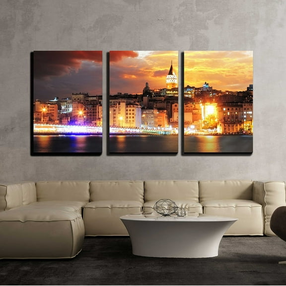 wall26 - 3 Piece Canvas Wall Art - Istanbul at a Dramatic Sunset with Clouds - Modern Home Art Stretched and Framed Ready to Hang - 16"x24"x3 Panels