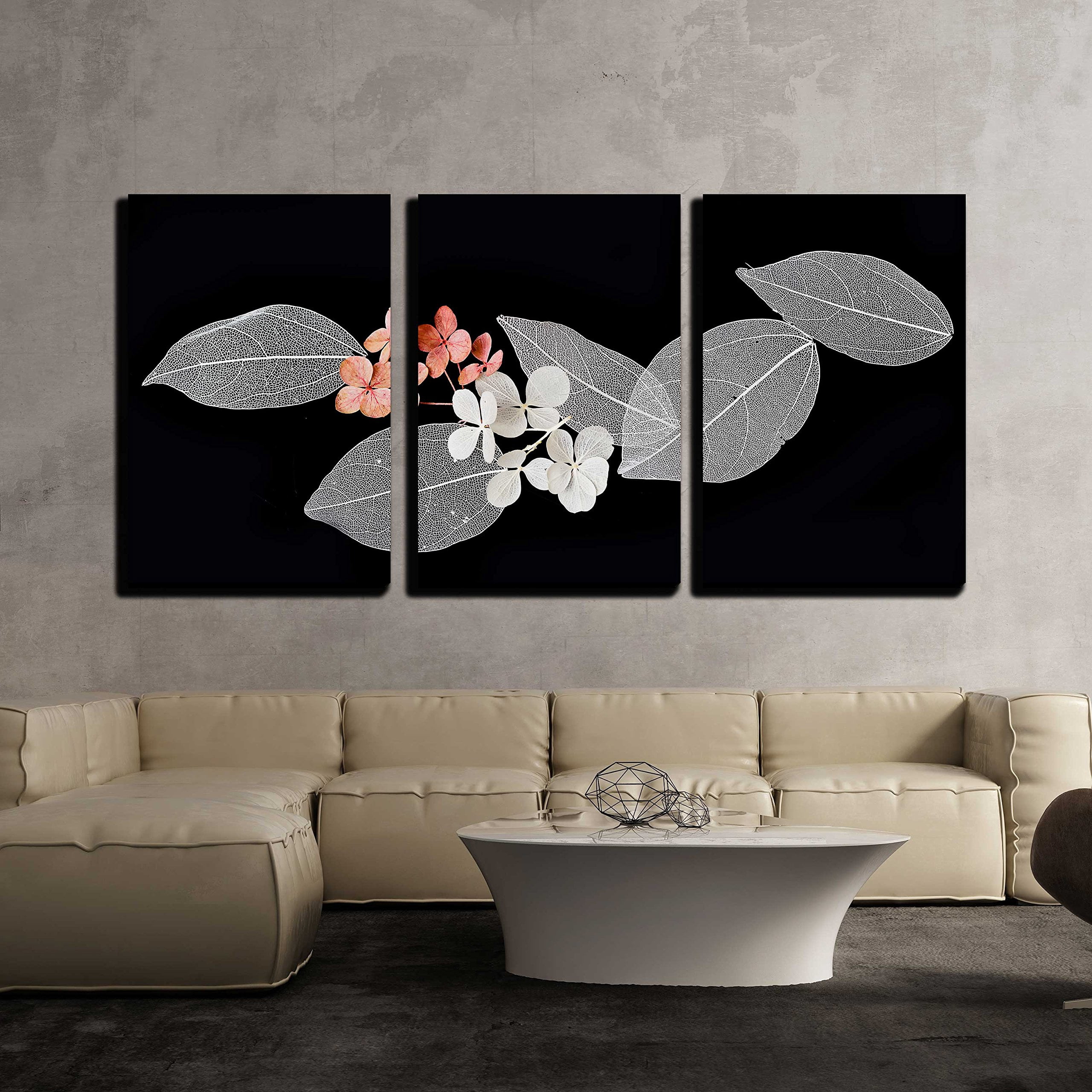wall26 - 3 Piece Canvas Wall Art - Lace Leaves on Black Background ...