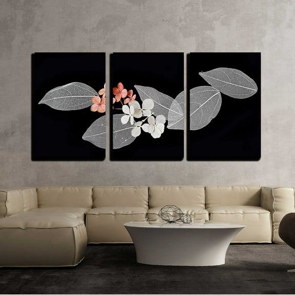 wall26 - 3 Piece Canvas Wall Art - Lace Leaves on Black Background - Modern Home Art Stretched and Framed Ready to Hang - 16"x24"x3 Panels